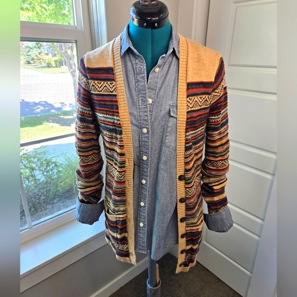 EDDIE BAUER LONG LINE BUTTON FRONT CARDIGAN COTTON SWEATER TAN STRIPE WOMEN S - Picture 1 of 15